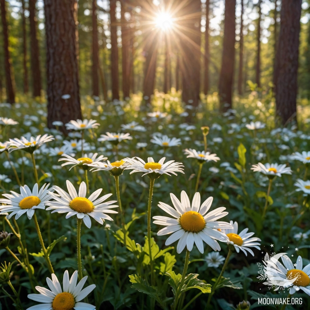 A close-up view of daisies in a forest during sunset, with sun rays shining through the trees.