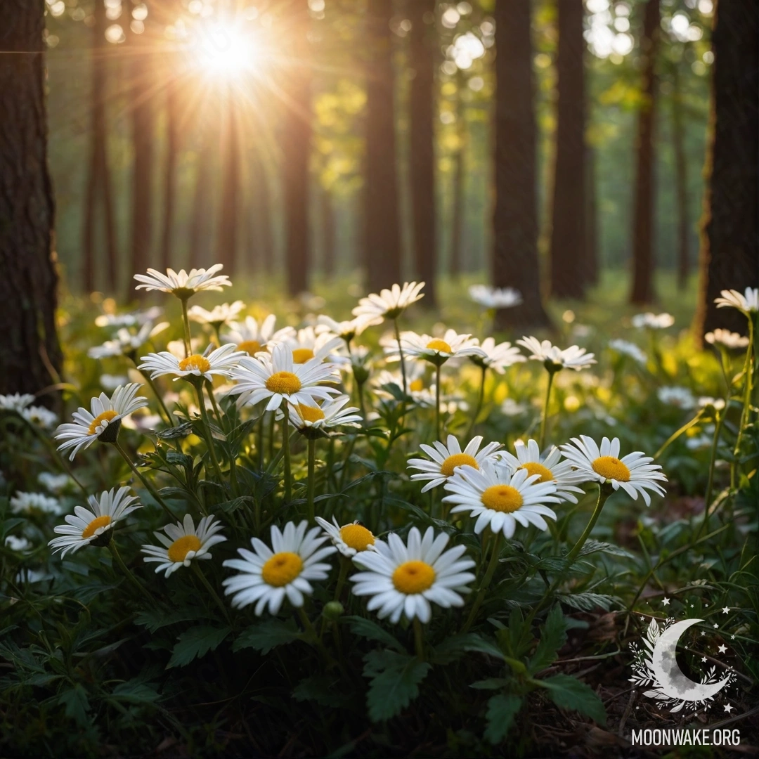 Close-up of daisies illuminated by gentle garland lights in a forest at sunset.