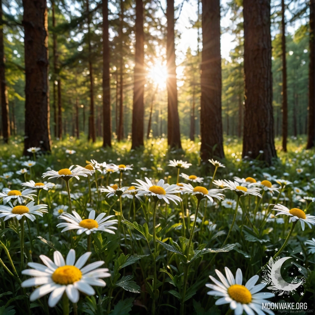 Sunset Through Forest Trees with Daisies Close-up view of daisies illuminated by sun rays during sunset in a forest