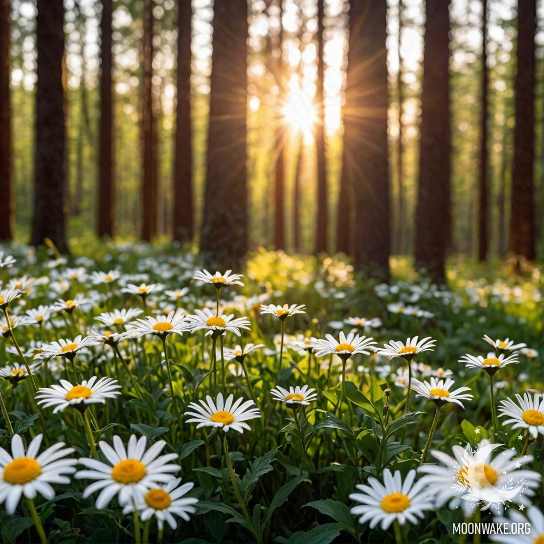 Sunset Through Forest Trees with Daisies A close-up view of daisies illuminated by the sunset in a forest, with sunlight filtering through the trees.