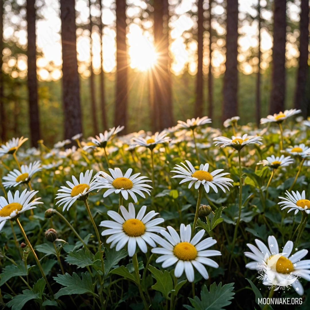 Sunset light shining through trees with close-up of daisies.