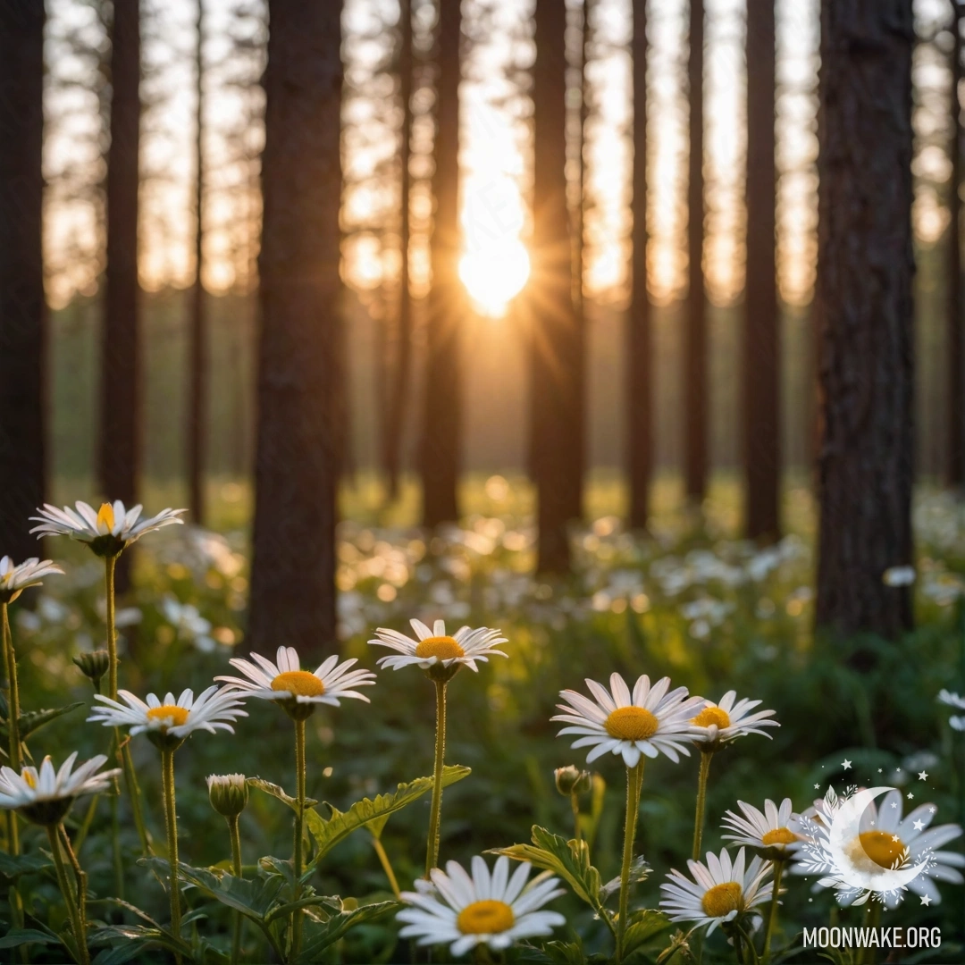 Close-up of daisies illuminated by sunset light filtering through trees.