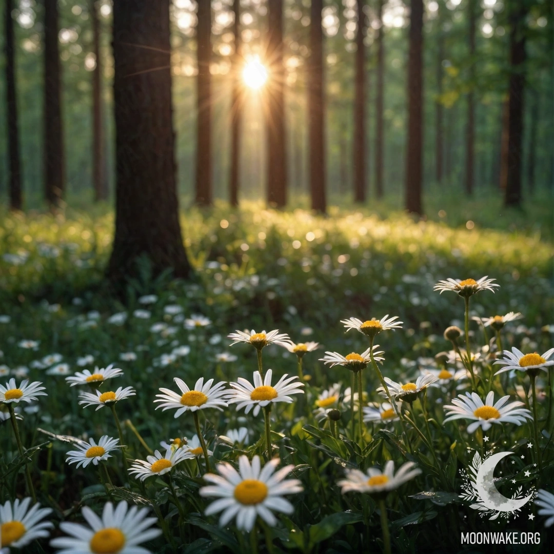 A close-up view of daisies under rain with sunset light filtering through trees in the forest.