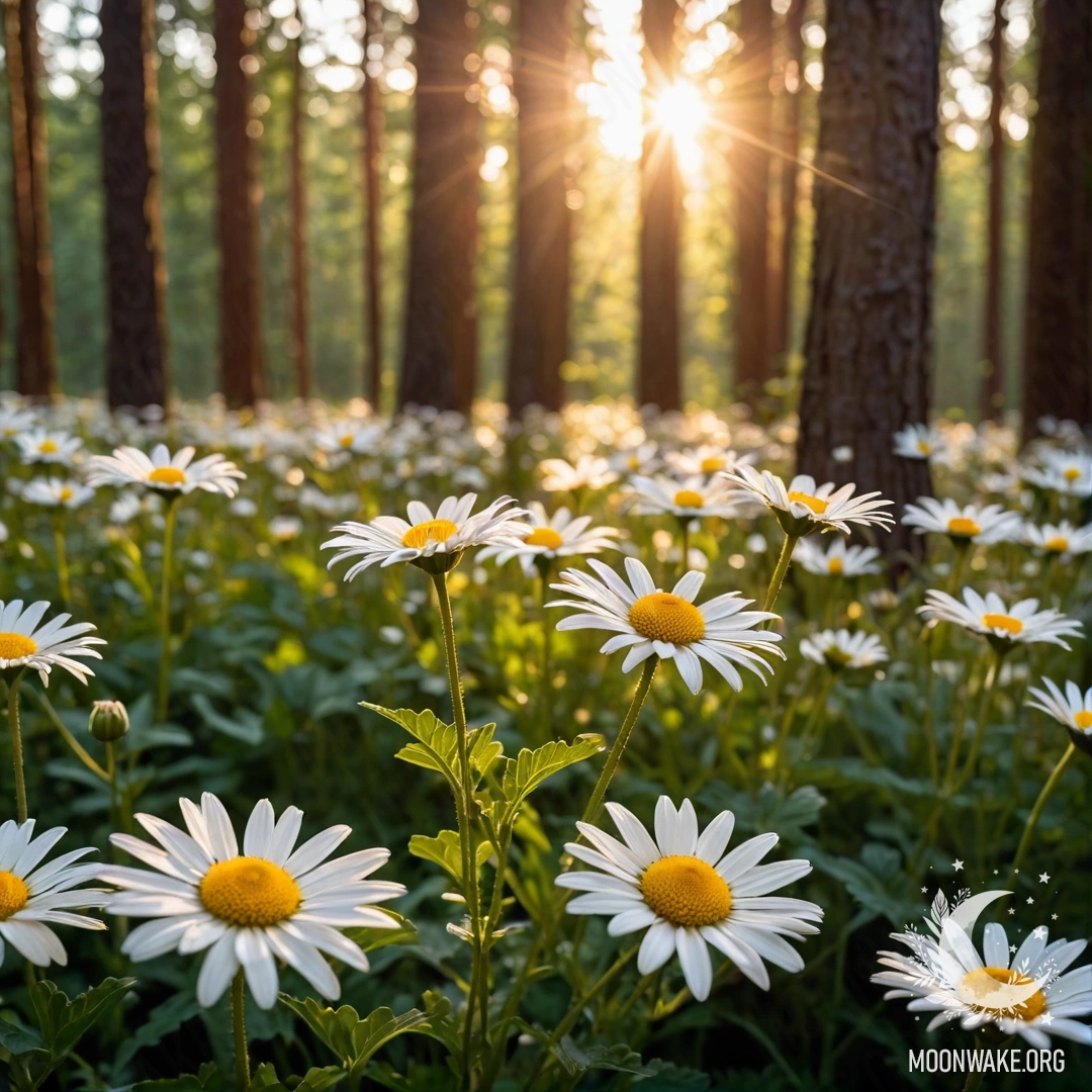 Close-up of daisies basking in the sunlight at sunset in a forest.
