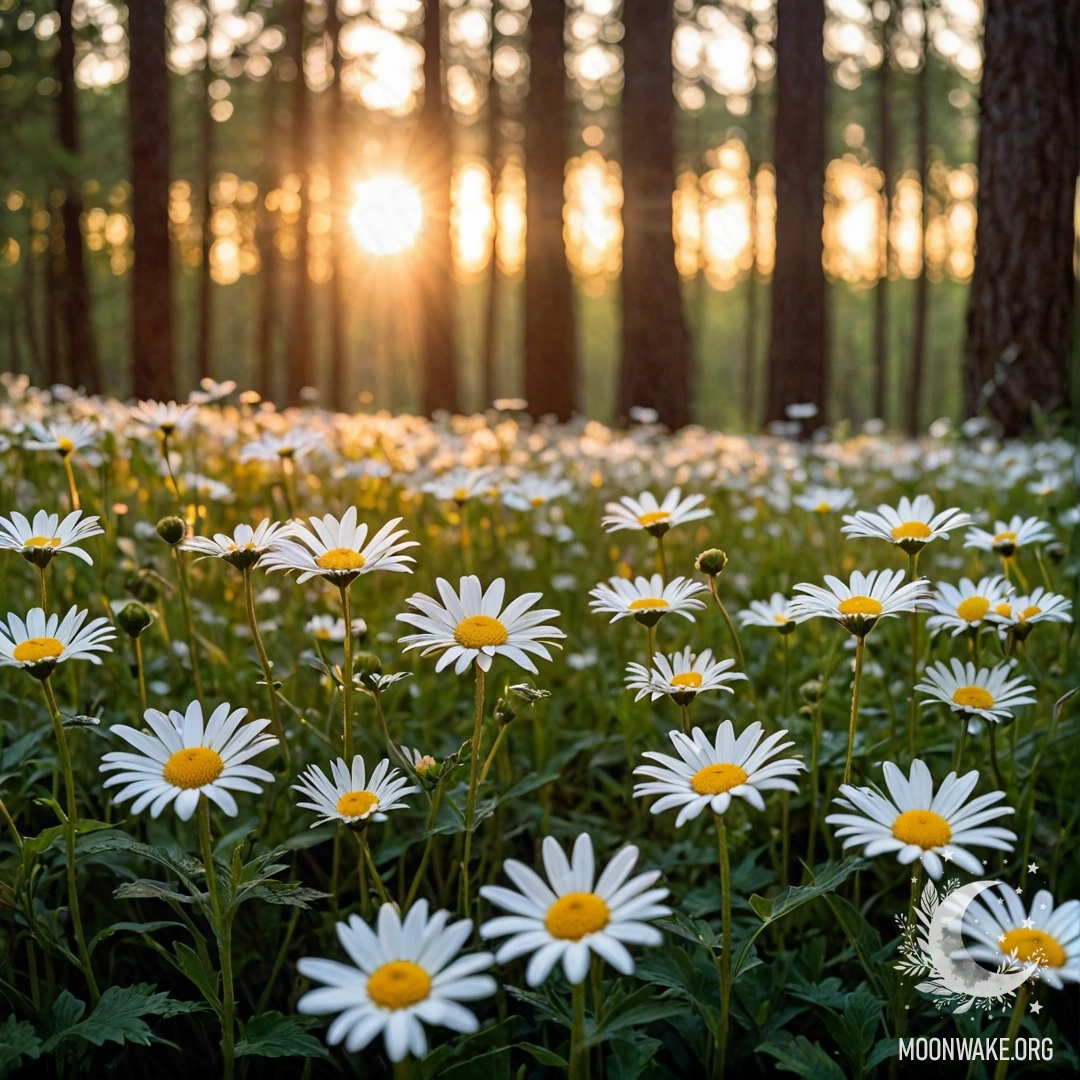 Close-up view of daisies with sunlight filtering through trees at sunset.