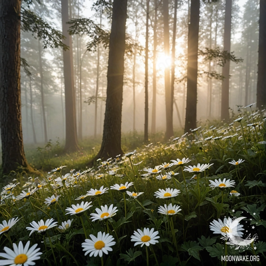 Sunset Through the Forest Close-up of daisies in a misty forest at sunset with sun rays shining through trees.