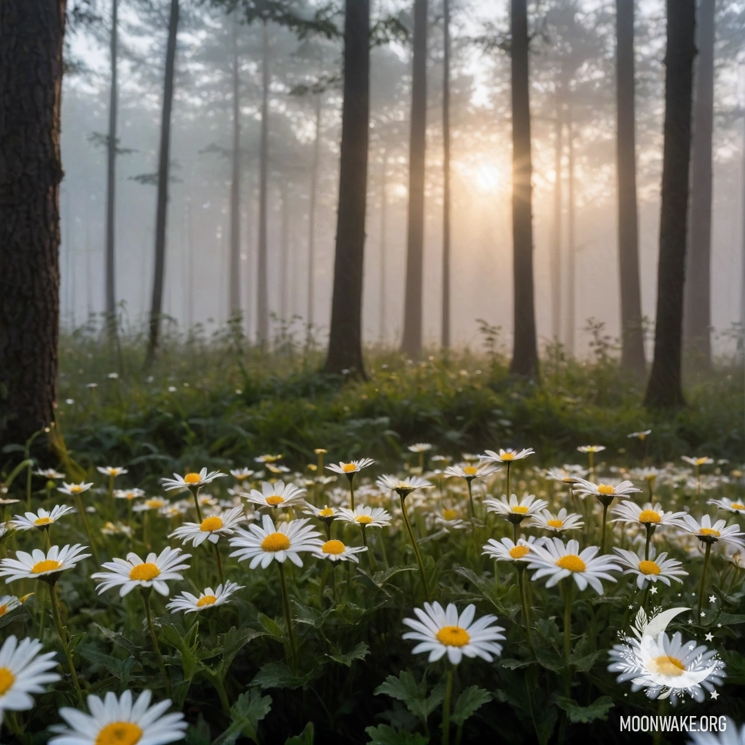 Close-up of daisies surrounded by heavy fog with sunlight filtering through trees.