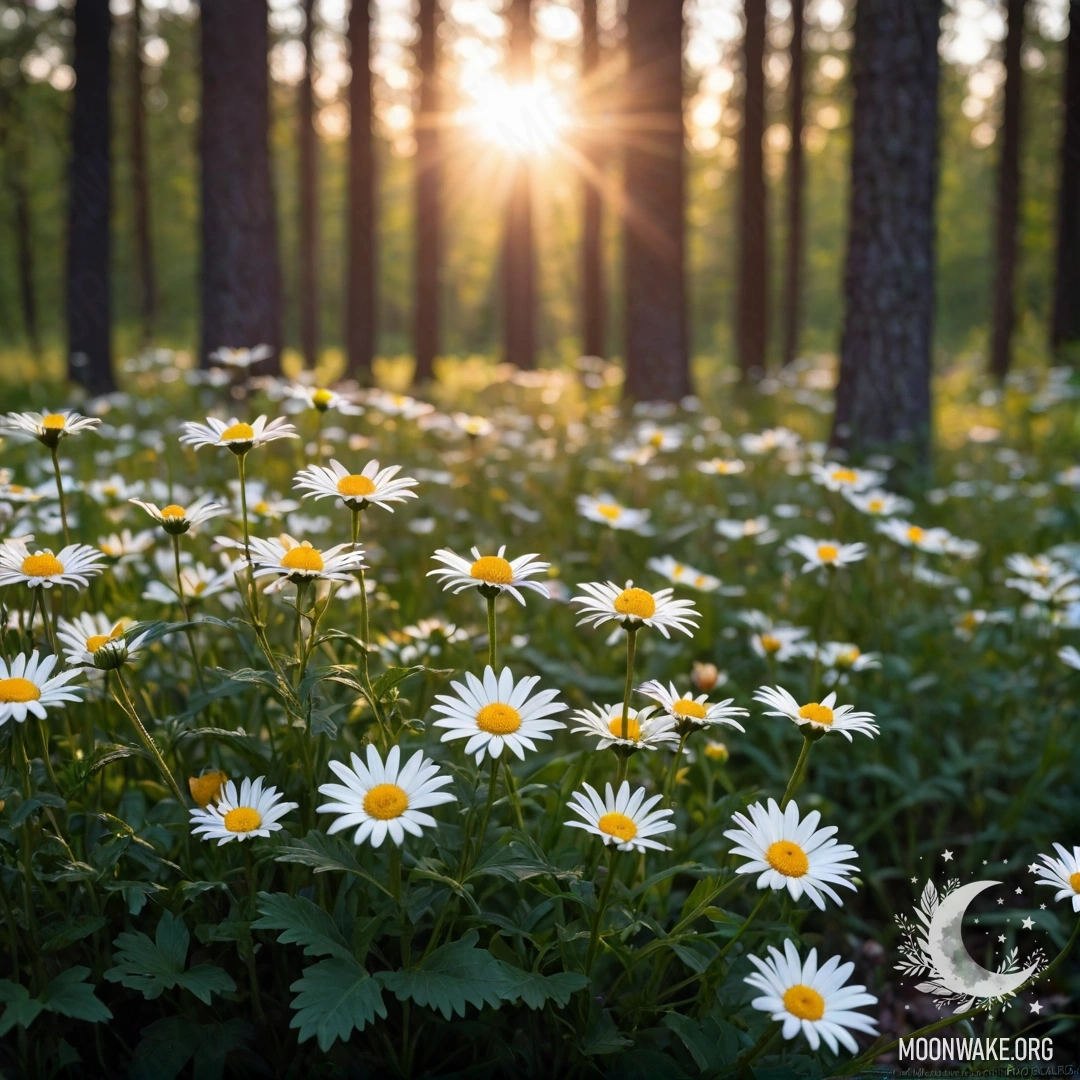 Close-up view of daisies in the forest during sunset, with sunlight filtering through the trees.