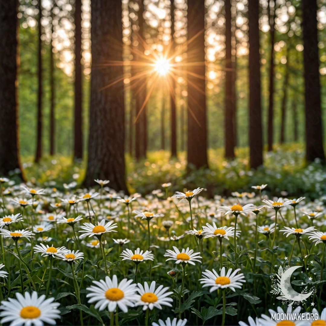 Sunset Through the Trees Close-up of daisies illuminated by sunset in a forest.