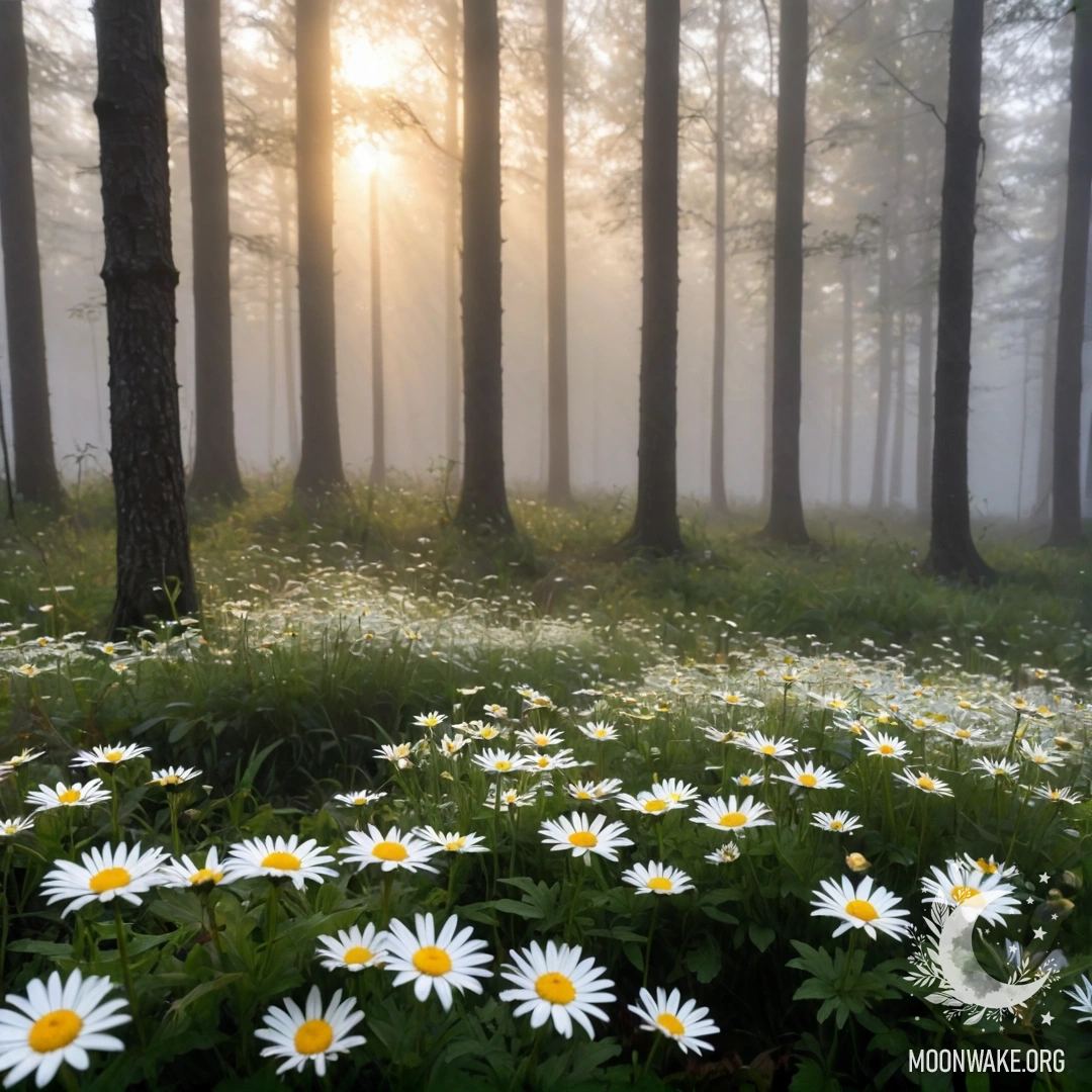 Close-up of daisies in a misty forest at sunset, sunlight filtering through trees.