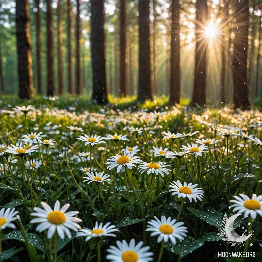 A close-up view of daisies under rain with the sun setting behind trees in a forest.