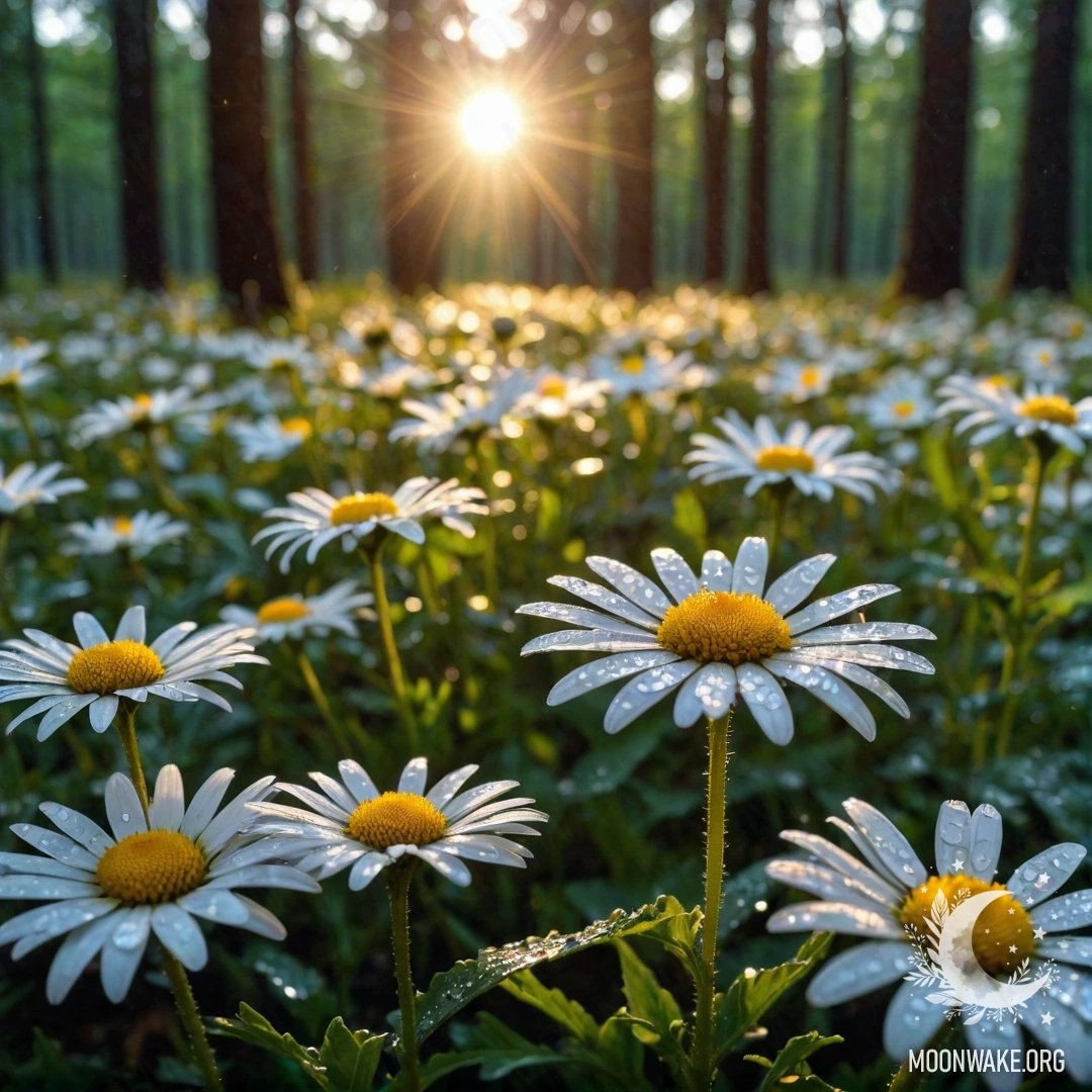 A close-up of daisies under the rain, with sunlight filtering through trees at sunset.