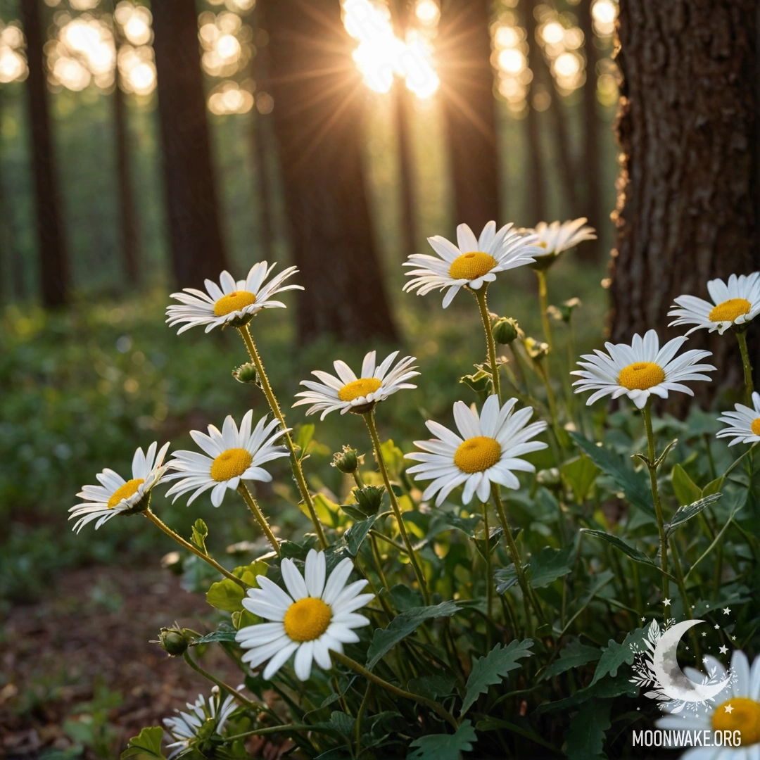 A close-up of daisies illuminated by a sunset in a forest.