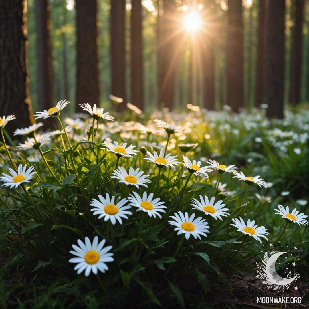 Sunset Through Trees and Daisies Close-up of daisies illuminated by garland lights at sunset in a forest.