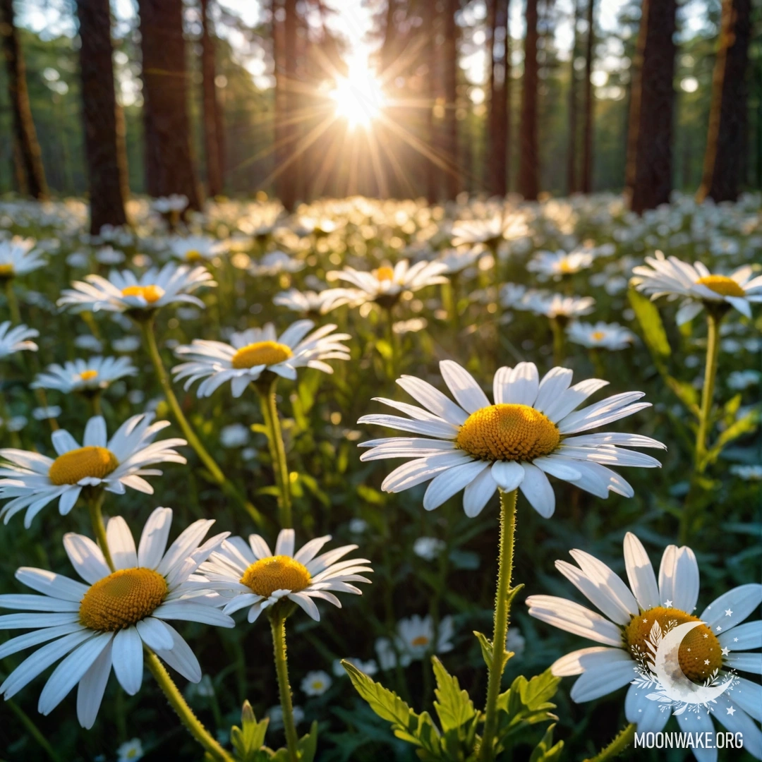 Sunset Through Trees with Daisies Close-up of daisies illuminated by the sunset light in a forest.