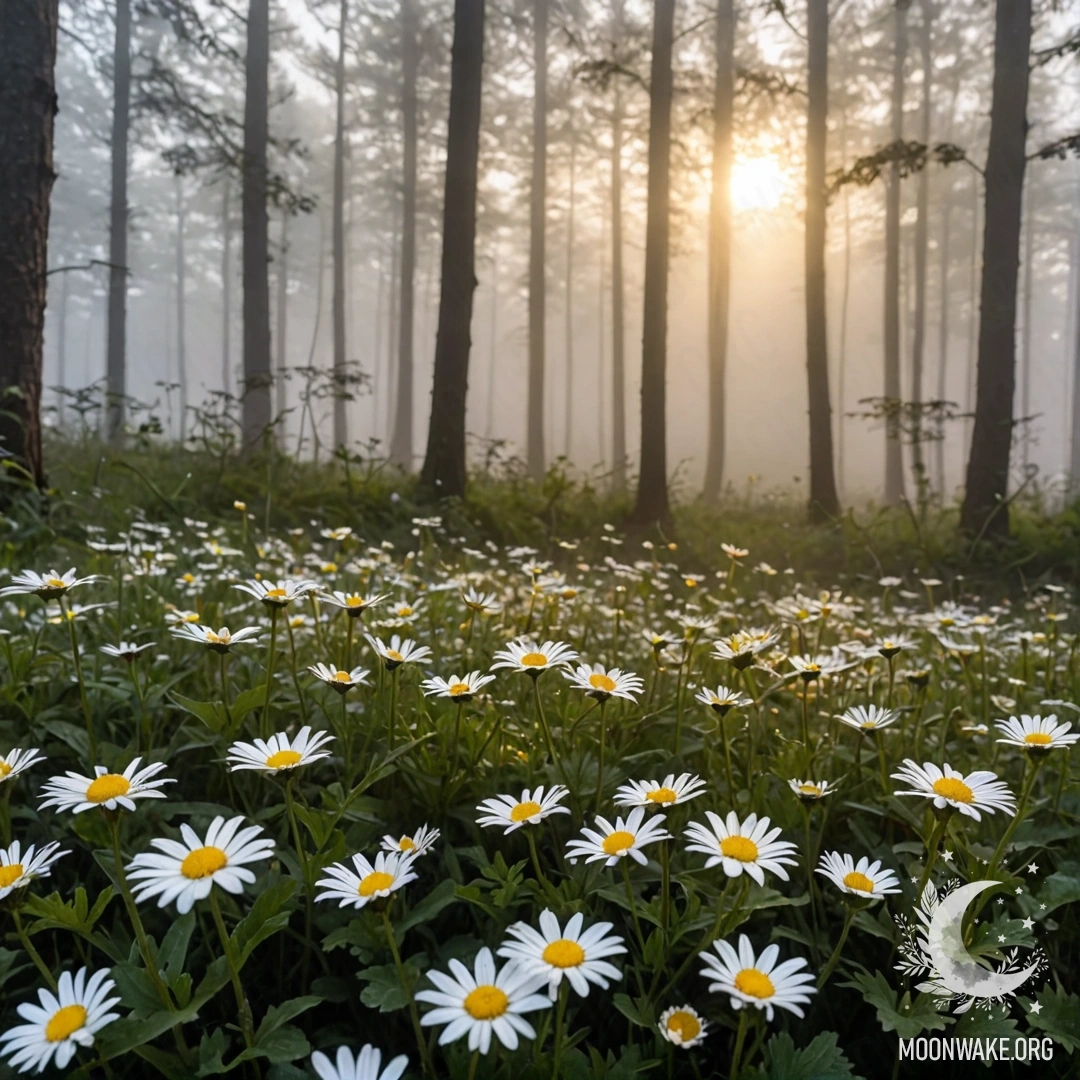 A serene sunset filtering through forest trees, with close-up daisies in dense fog.