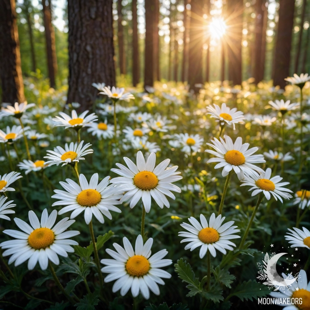 Sunset Through Trees and Daisies Close-up of daisies with sunlight shining through trees at sunset.