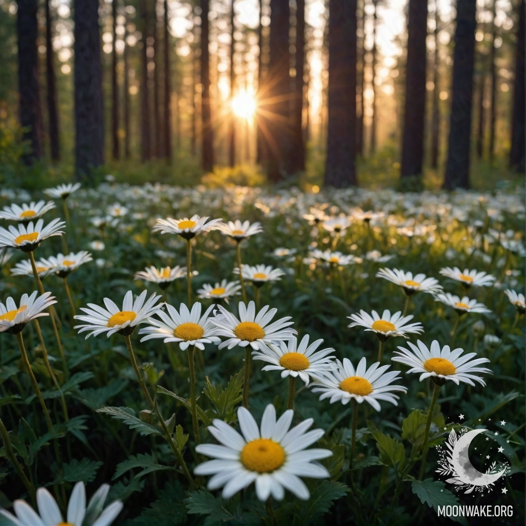 A close-up view of daisies illuminated by the sunset, with trees in the background.