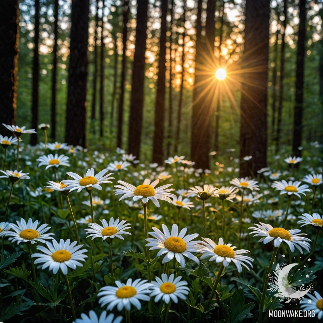 Sunset Through Trees with Daisies A close-up of daisies illuminated by the sunset in the forest.