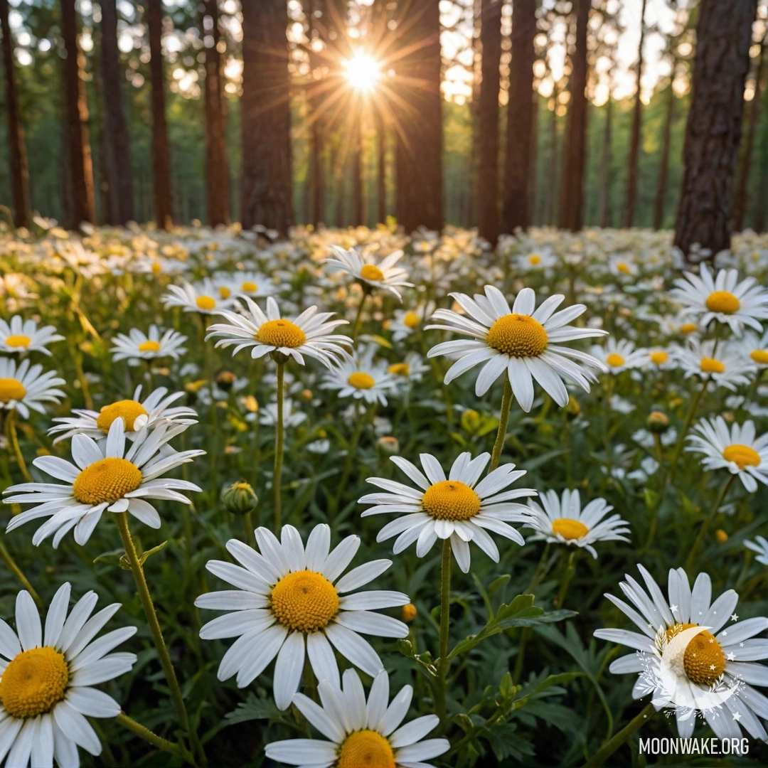 Close-up of daisies in the forest with sunlight shining through trees during sunset.
