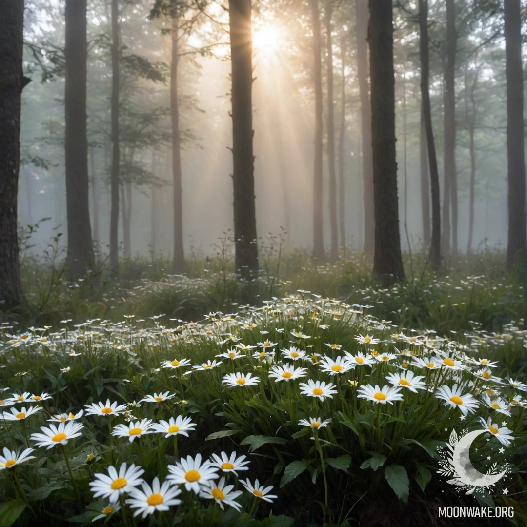 A serene sunset illuminating the forest with heavy fog and close-up of daisies.