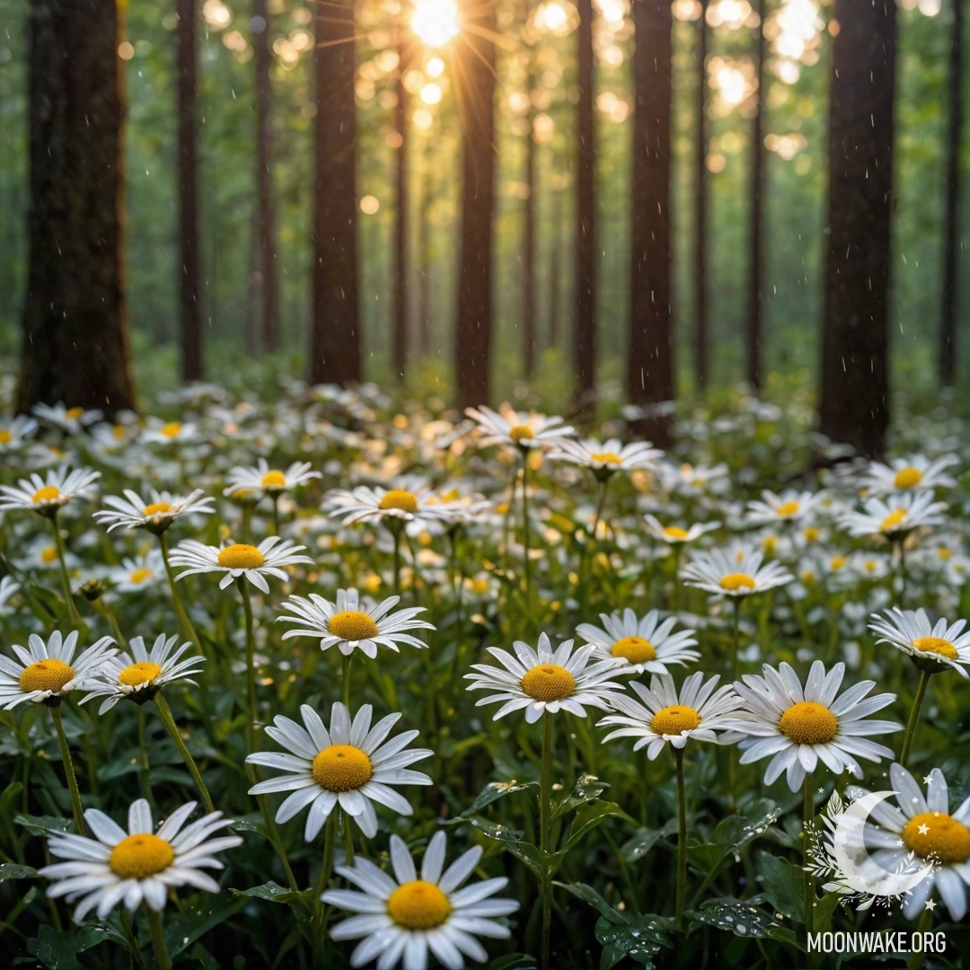 Sunset Through Trees and Daisies in the Rain Close-up view of daisies in the rain, with sunlight filtering through forest trees at sunset.