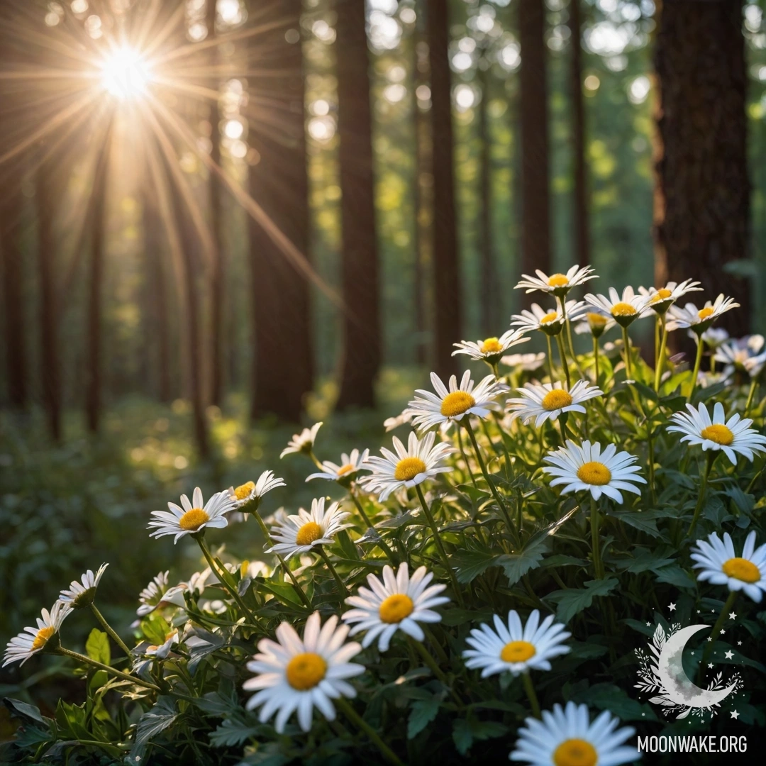 Close-up of daisies with garland light, sunlight filtering through trees.