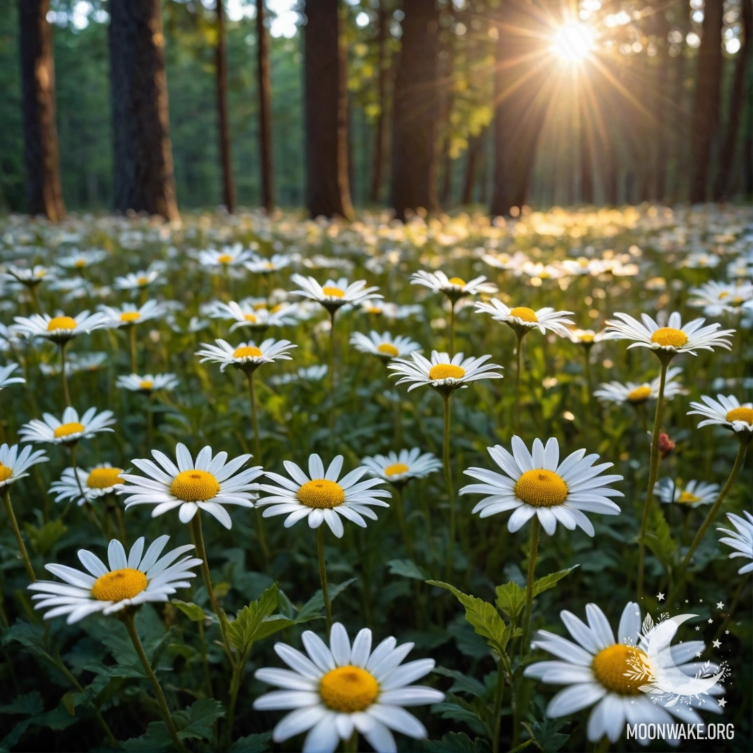 Close-up of daisies under the twilight of a sunset in the forest.