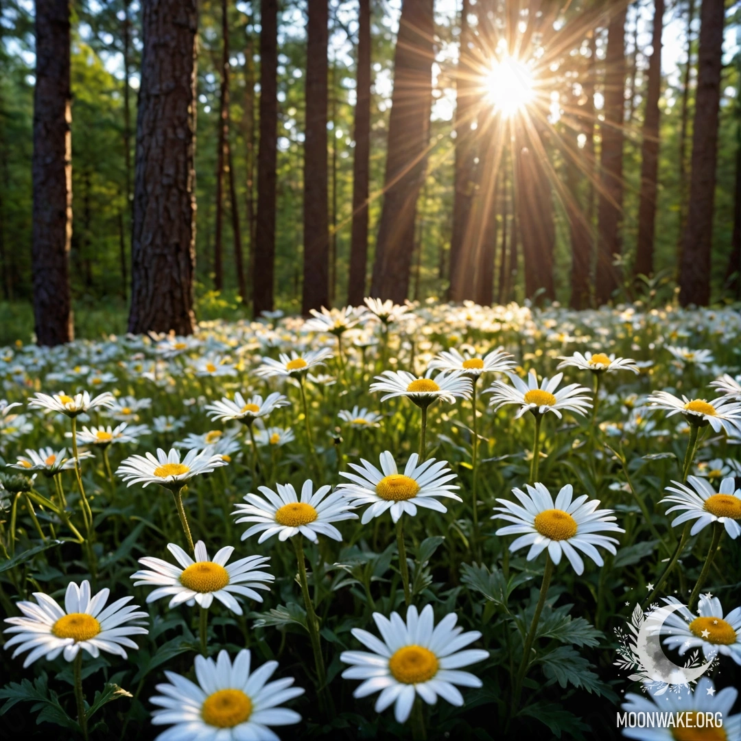 A close-up view of daisies in the night contrasted with the sunset shining through the trees in the forest.
