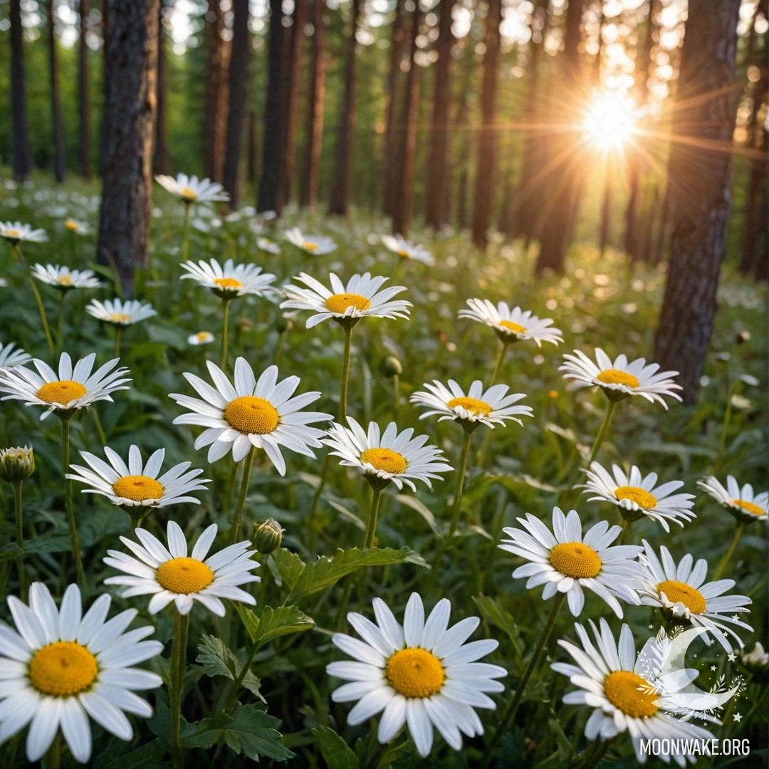 A close-up view of daisies illuminated by the sunset through trees in a forest.
