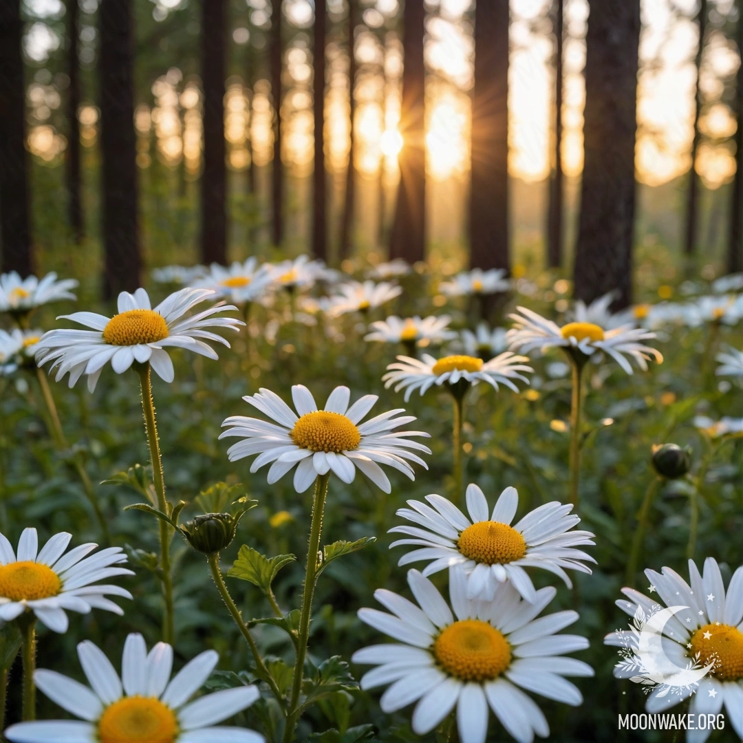Close-up of daisies illuminated by sunset light filtering through trees.