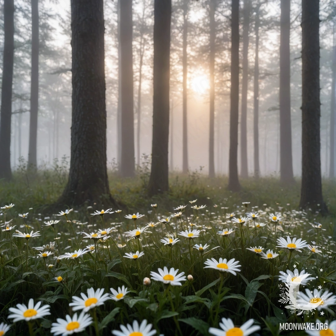 Close-up of daisies in a forest at sunset with heavy fog.
