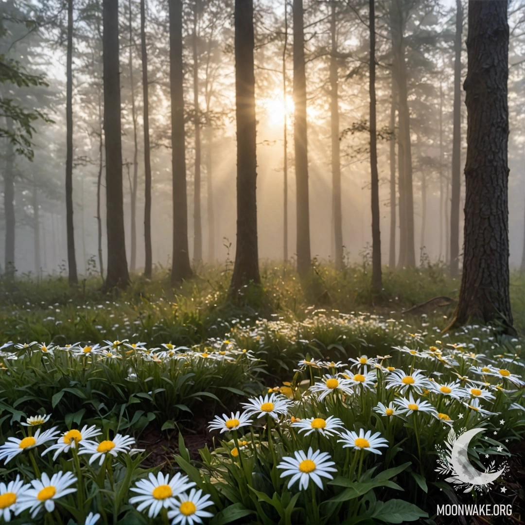 Close-up of daisies with the sun shining through trees in a foggy forest at sunset.