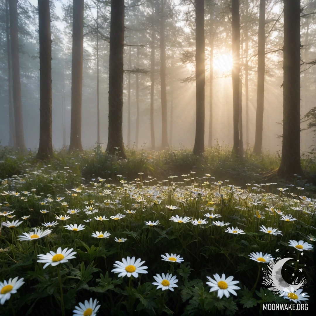 A close-up view of daisies surrounded by trees at sunset, with heavy fog enveloping the scene.