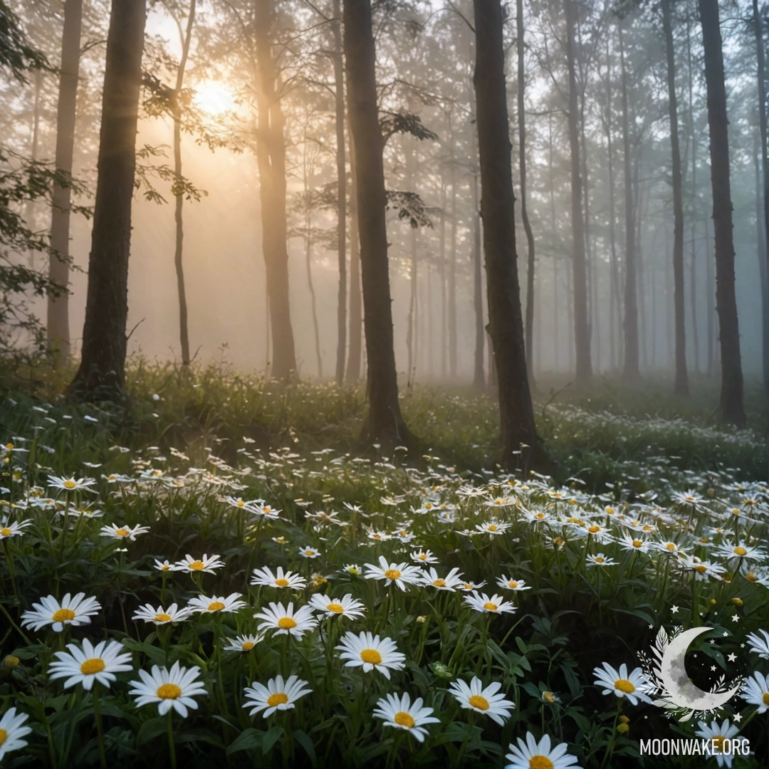 A close-up view of daisies with a sunset shining through trees in a foggy forest.