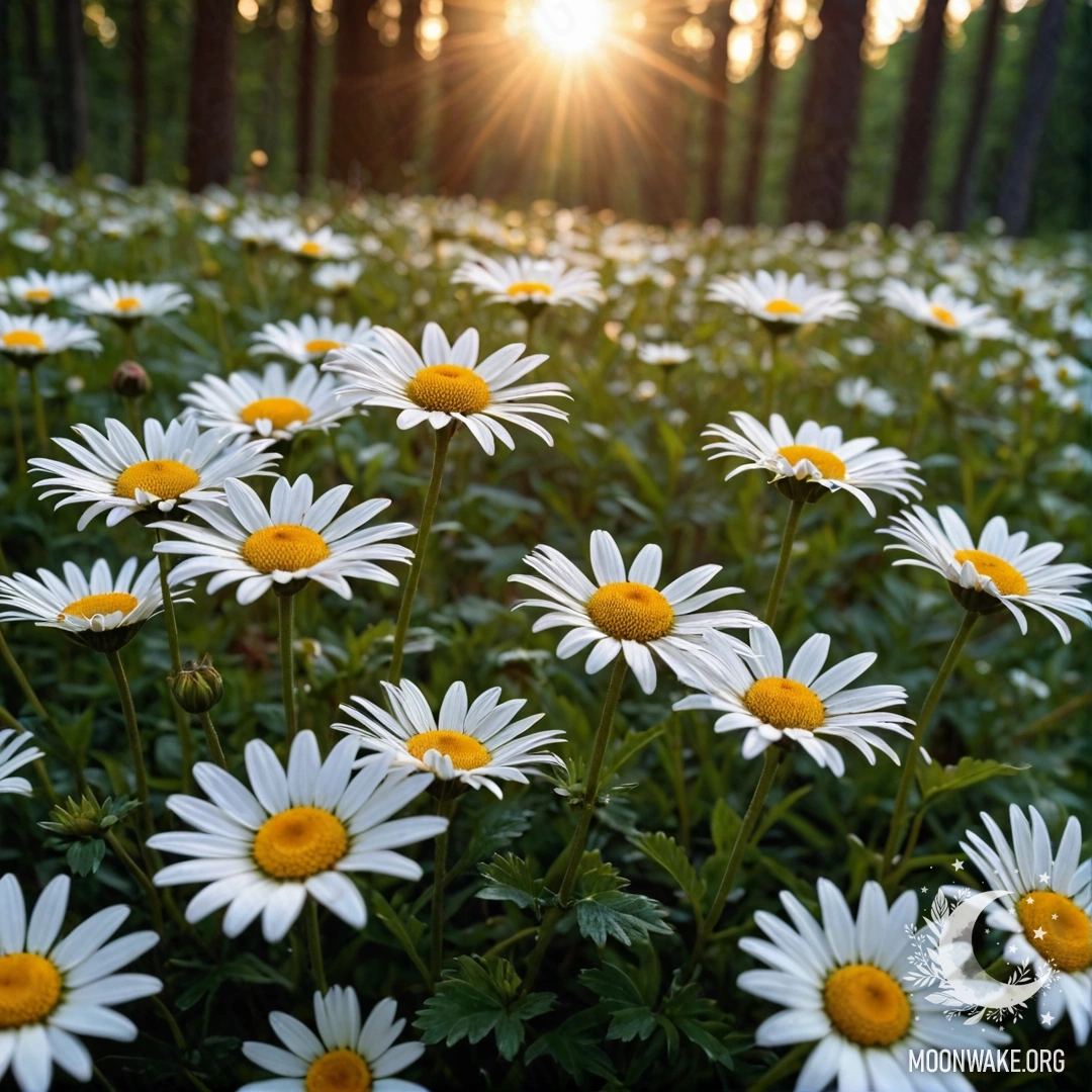 Close-up of daisies illuminated by fading sunset light in a forest.