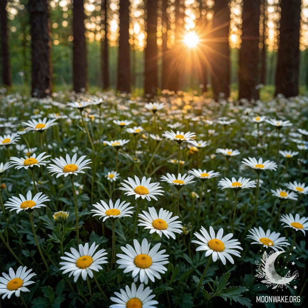 A close-up view of daisies at night, with sunlight filtering through forest trees at sunset.