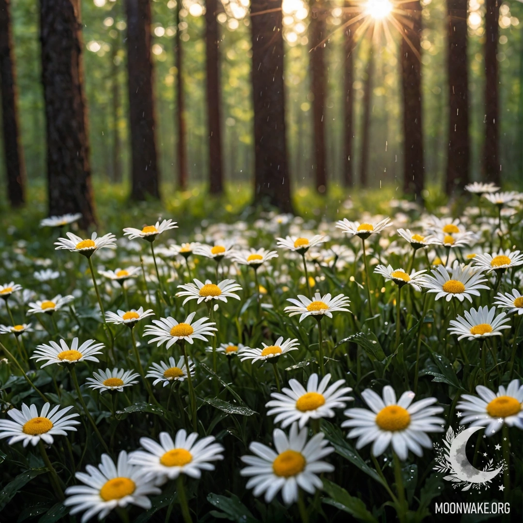 Sunset Through Trees and Daisies Under Rain A close-up of daisies in the rain with sunlight filtering through trees.