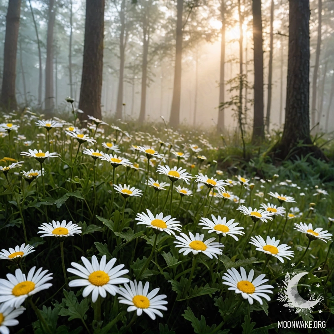 A close-up view of daisies with sunlight filtering through trees in a foggy forest.