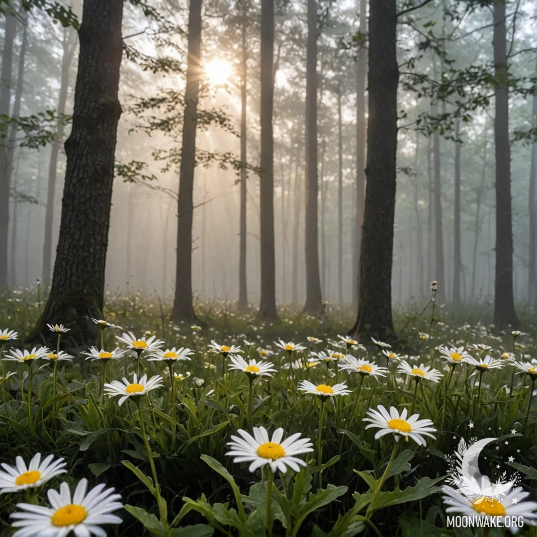 A close-up of daisies illuminated by sunset in a foggy forest.