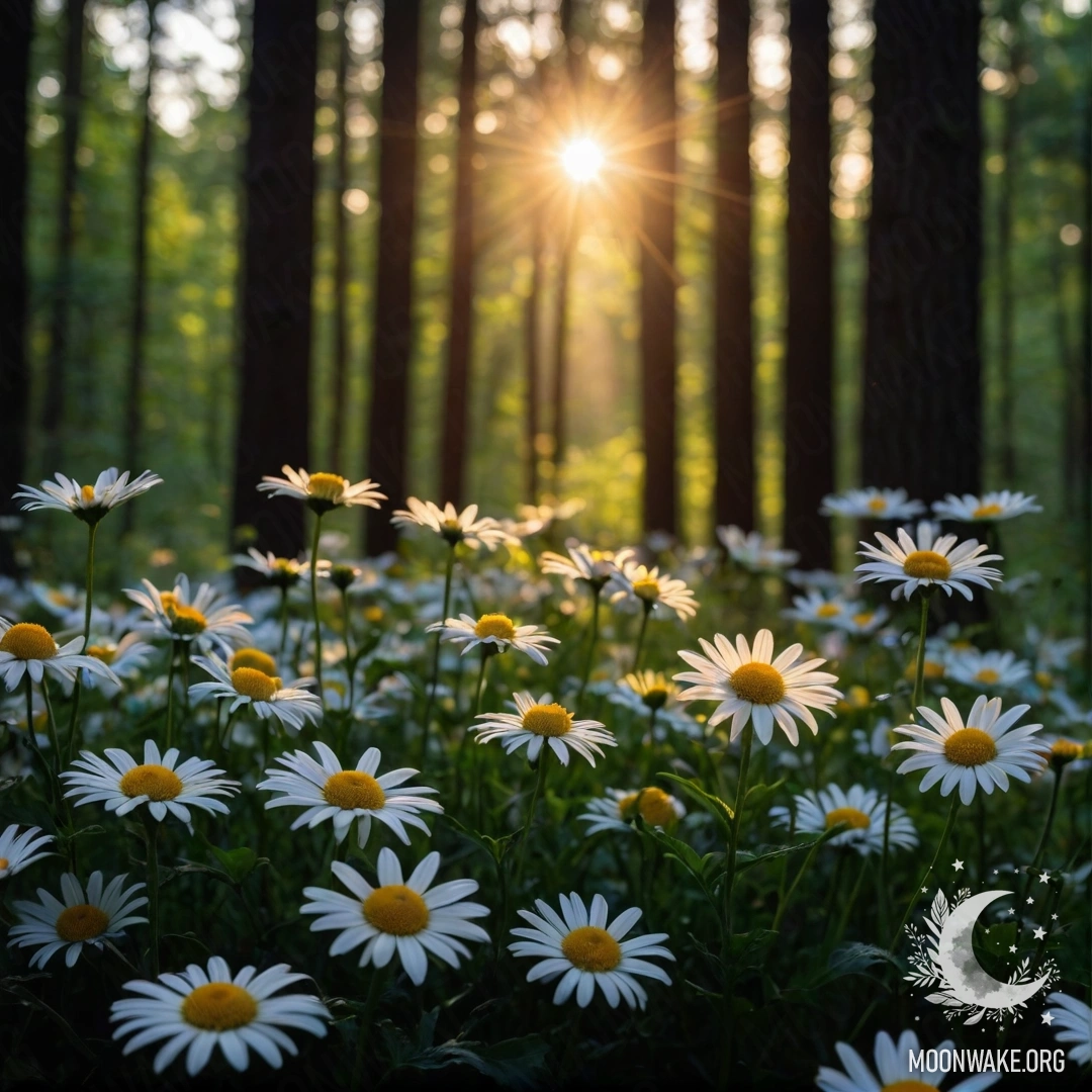 A close-up of daisies illuminated by the moonlight at night, with a sunset shining through trees in the background.