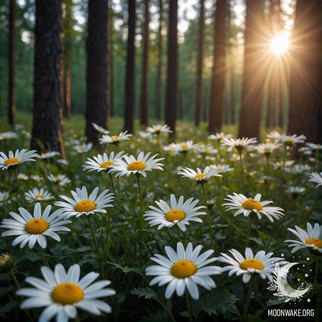 A close-up view of daisies at night with sunlight filtering through trees in the forest during sunset.