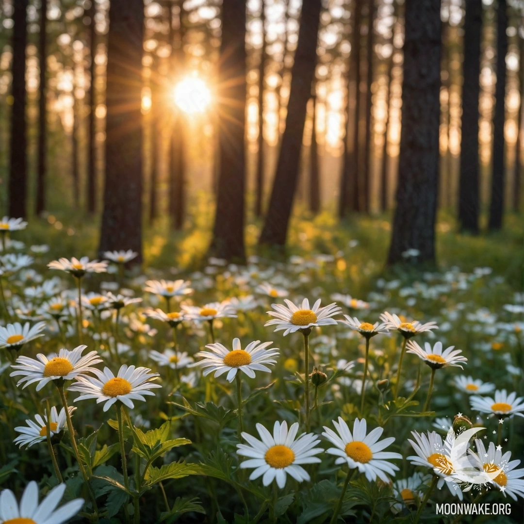 Close-up of daisies in the foreground with the sun shining through trees at sunset.