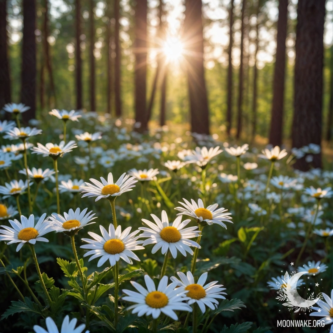 Close-up of daisies illuminated by sunset rays in a forest