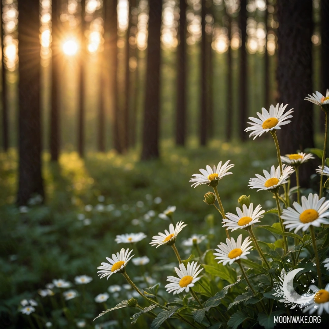 Sunset Through Trees with Daisies A close-up of daisies illuminated by garland lights, with trees in the background during sunset.