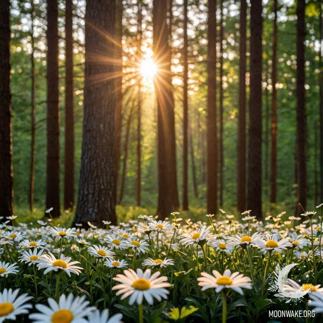 Close-up view of daisies illuminated by sunset rays filtering through forest trees.
