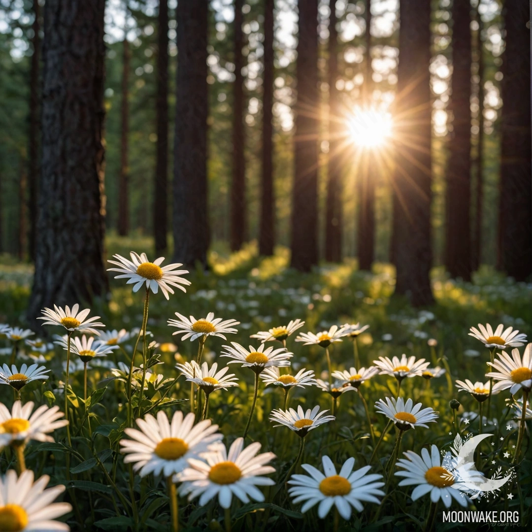 Close-up of delicate daisies bathed in warm sunset light, framed by trees in a forest.