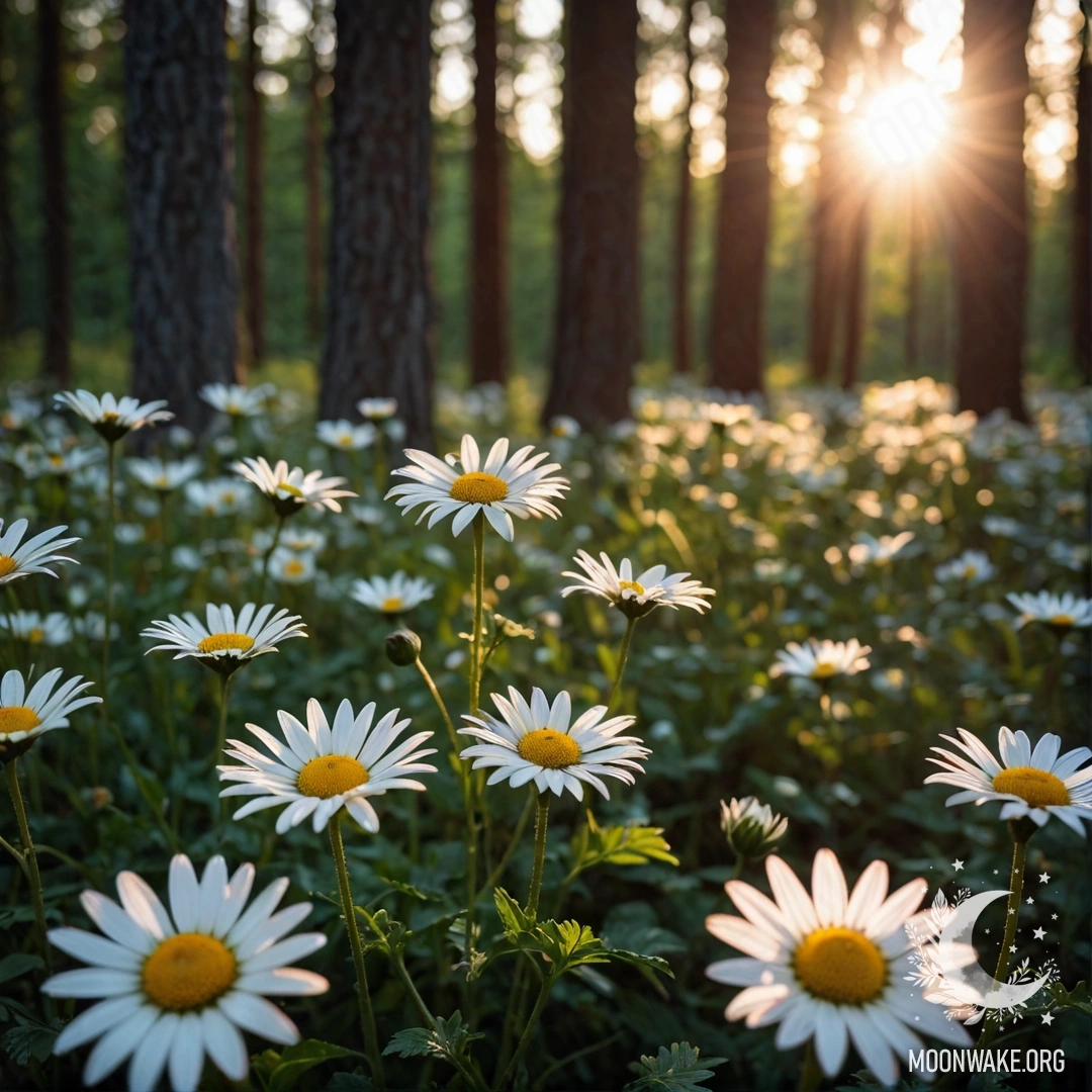 Close-up of daisies at night time with sunset shining through trees.