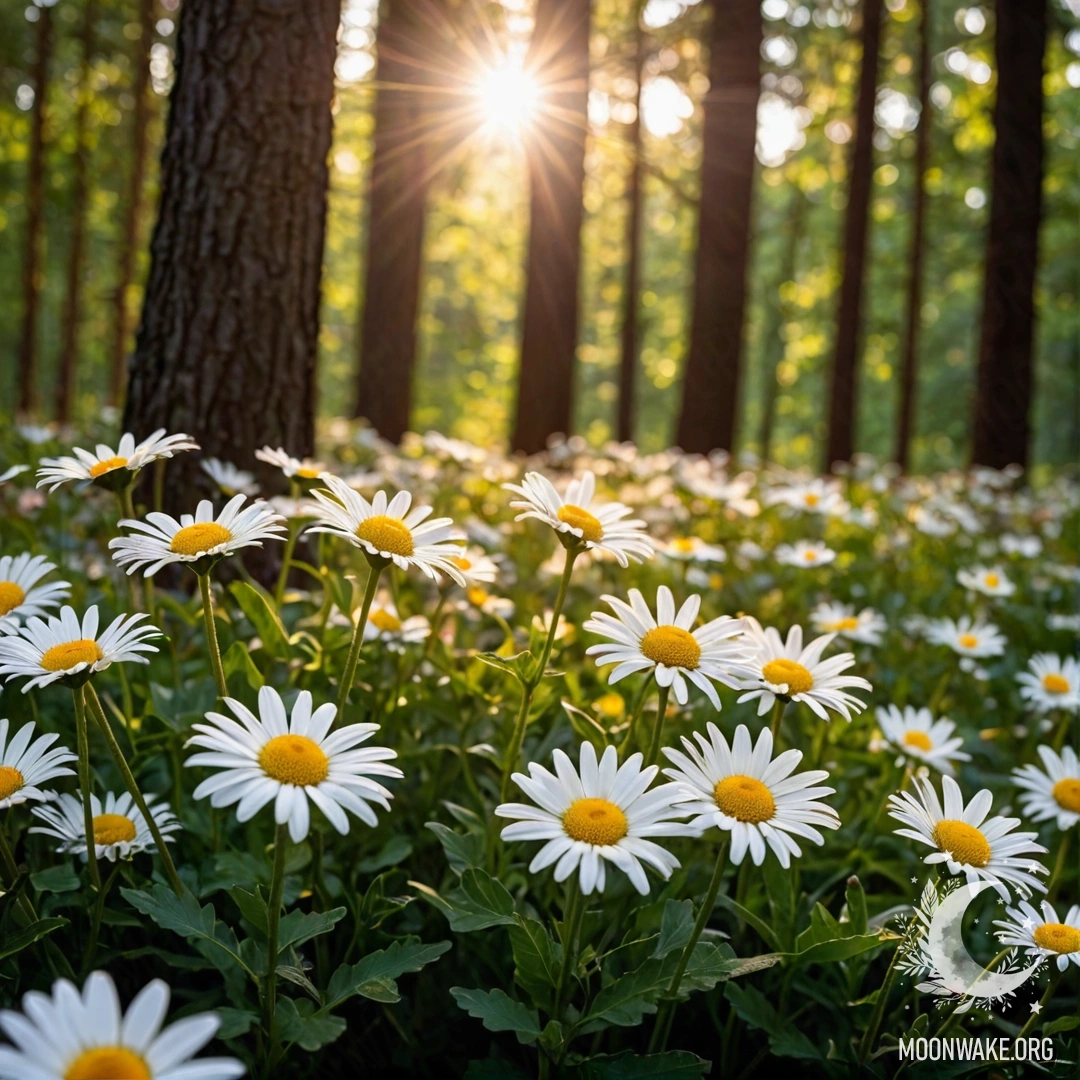 A close-up of daisies illuminated by garland lights with the setting sun shining through forest trees.