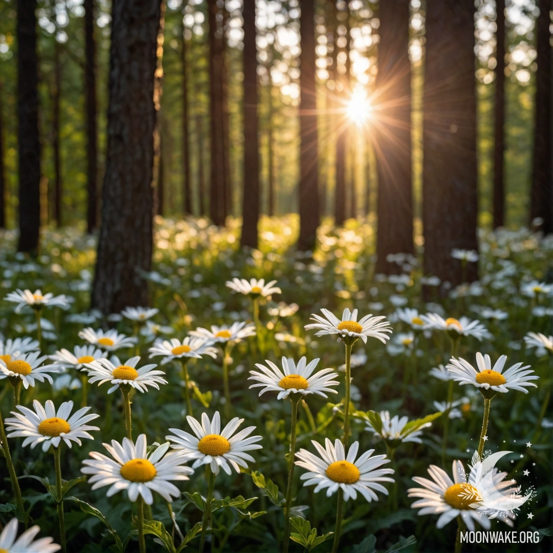 Sunset Through Forest Trees with Daisies A close-up view of daisies in a forest with sunlight filtering through trees at sunset.